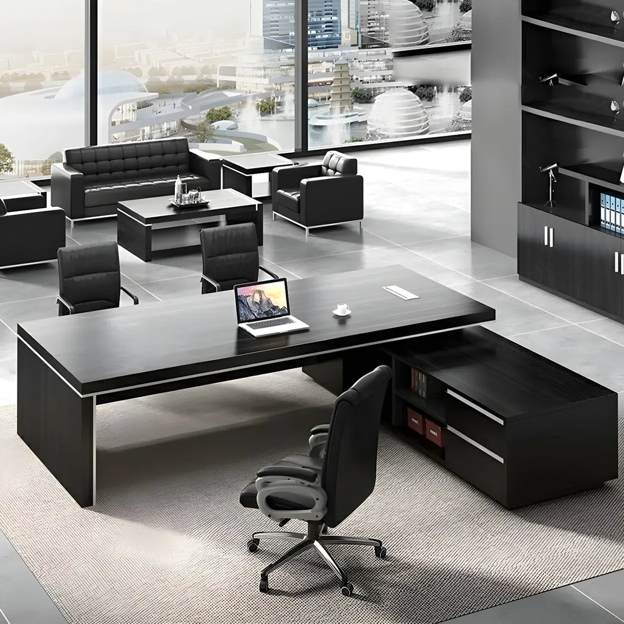 Modern Black Finish Wooden L-Shape Executive Desk Image - 4