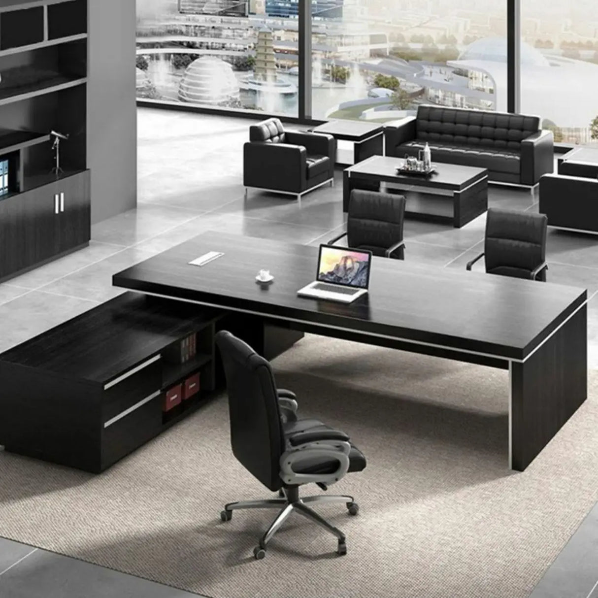 Modern Black Finish Wooden L-Shape Executive Desk Image - 6