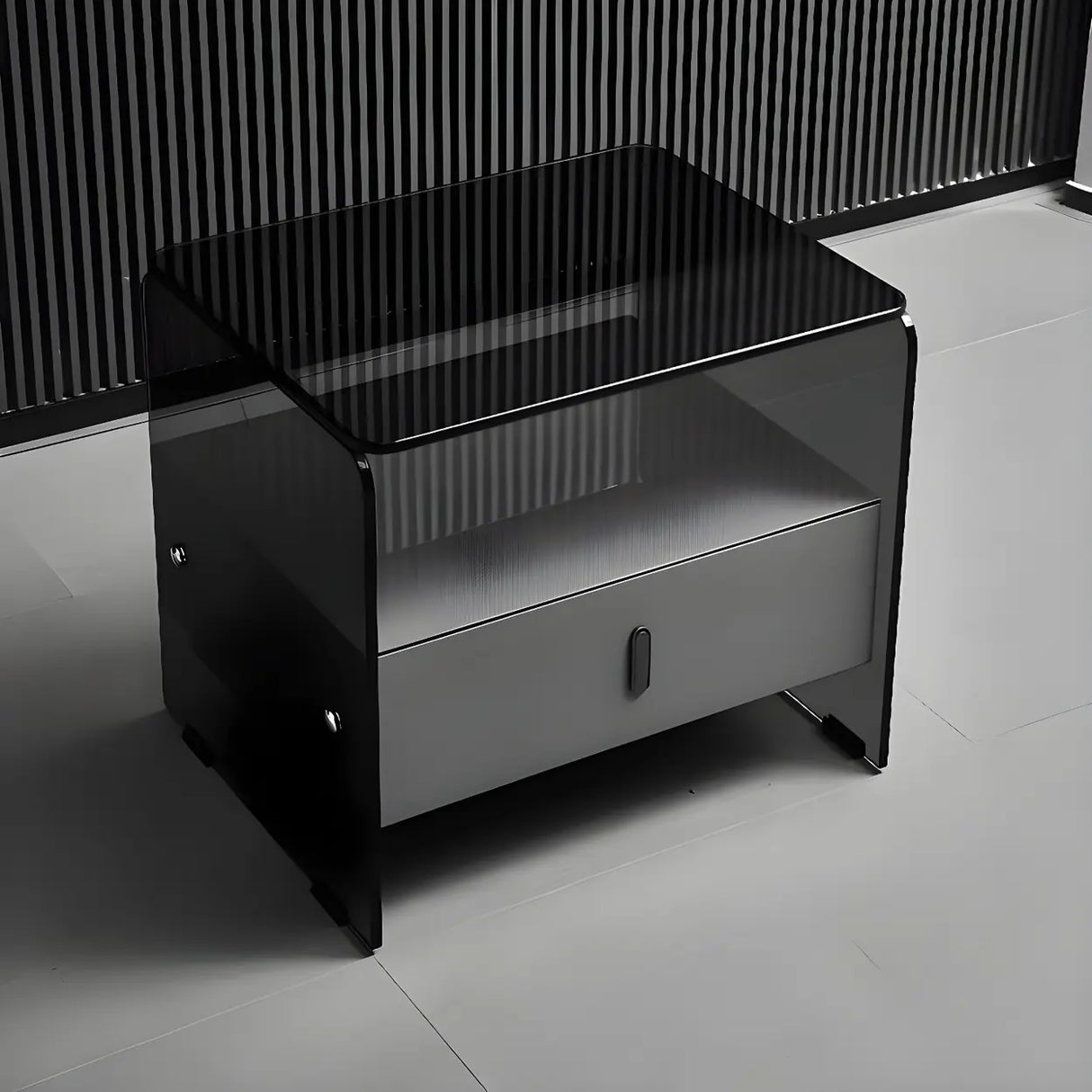 Modern Black Glass Nightstand with Drawer Storage Image - 2