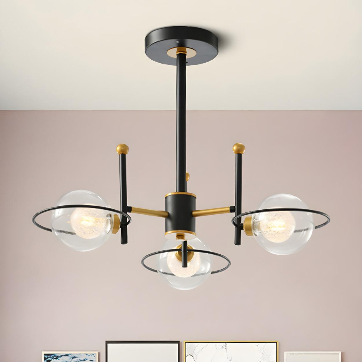 Modern Black Gold 8-Light Ring Clear Glass Globe Chandelier Image - 7