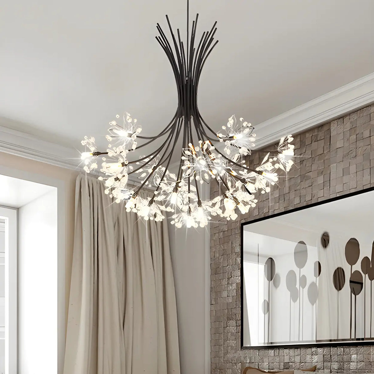 Modern Black Metal Clear Crystal Flower Bouquet Chandelier Image - 1
