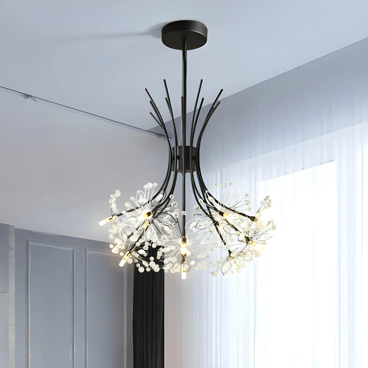 Modern Black Metal Clear Crystal Flower Bouquet Chandelier Image - 4