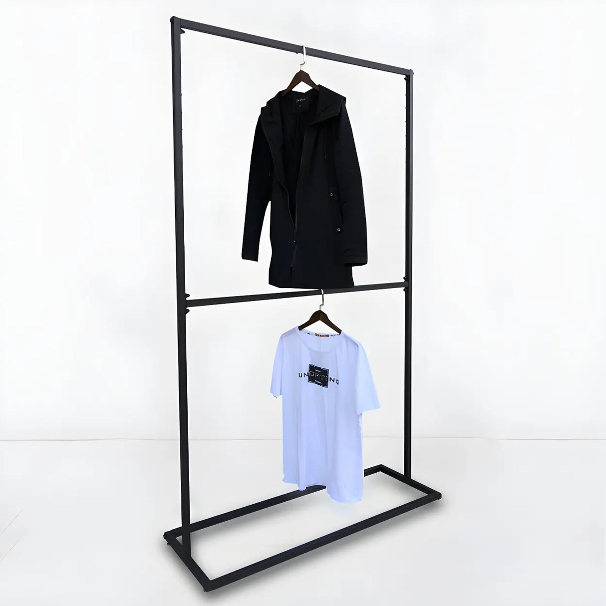 Modern Black Metal Coat Rack Stand with Dual Lever Bars Image - 3