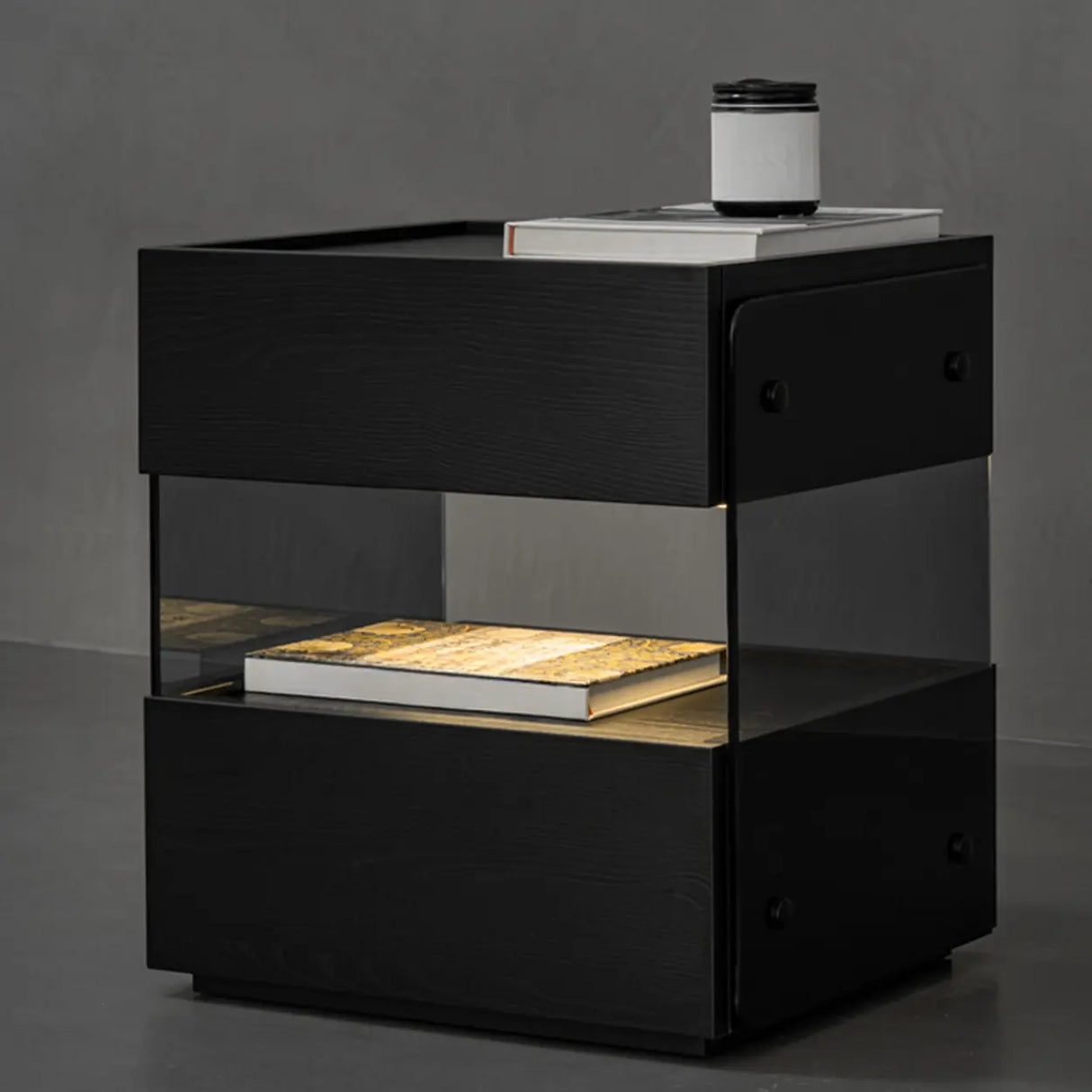 Modern Black Nightstand with Drawer and Clear Open Shelf Image - 1