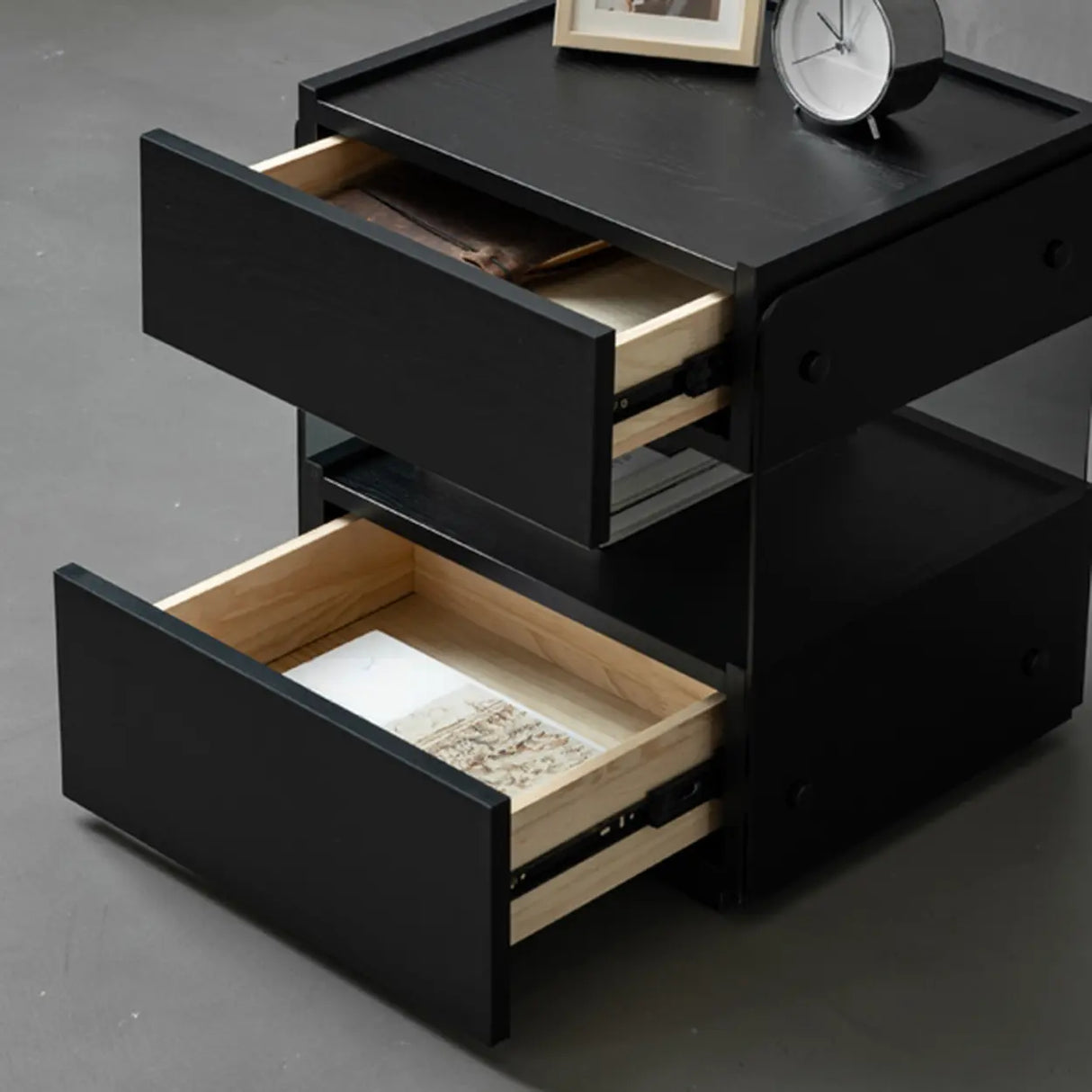 Modern Black Nightstand with Drawer and Clear Open Shelf Image - 10