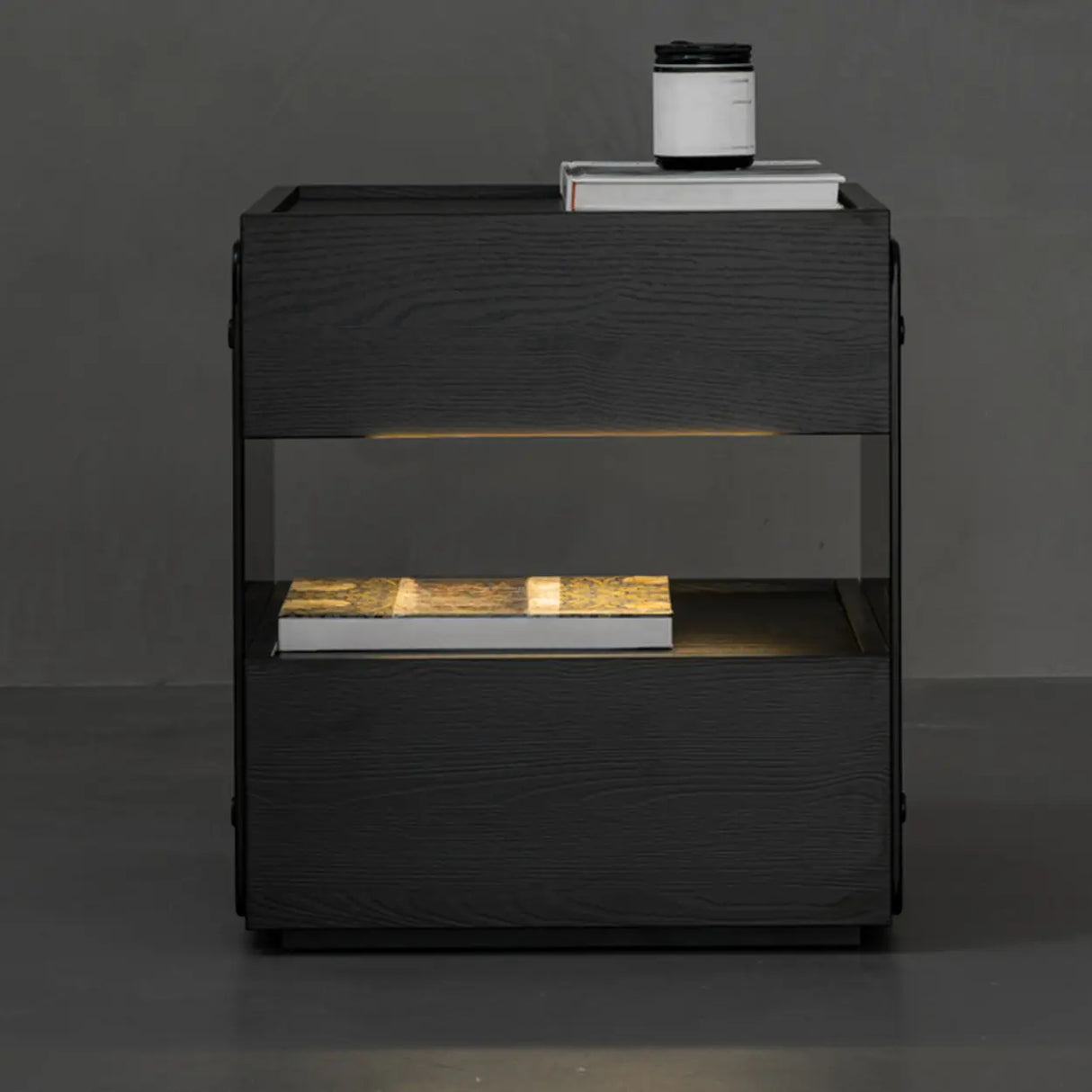 Modern Black Nightstand with Drawer and Clear Open Shelf Image - 4