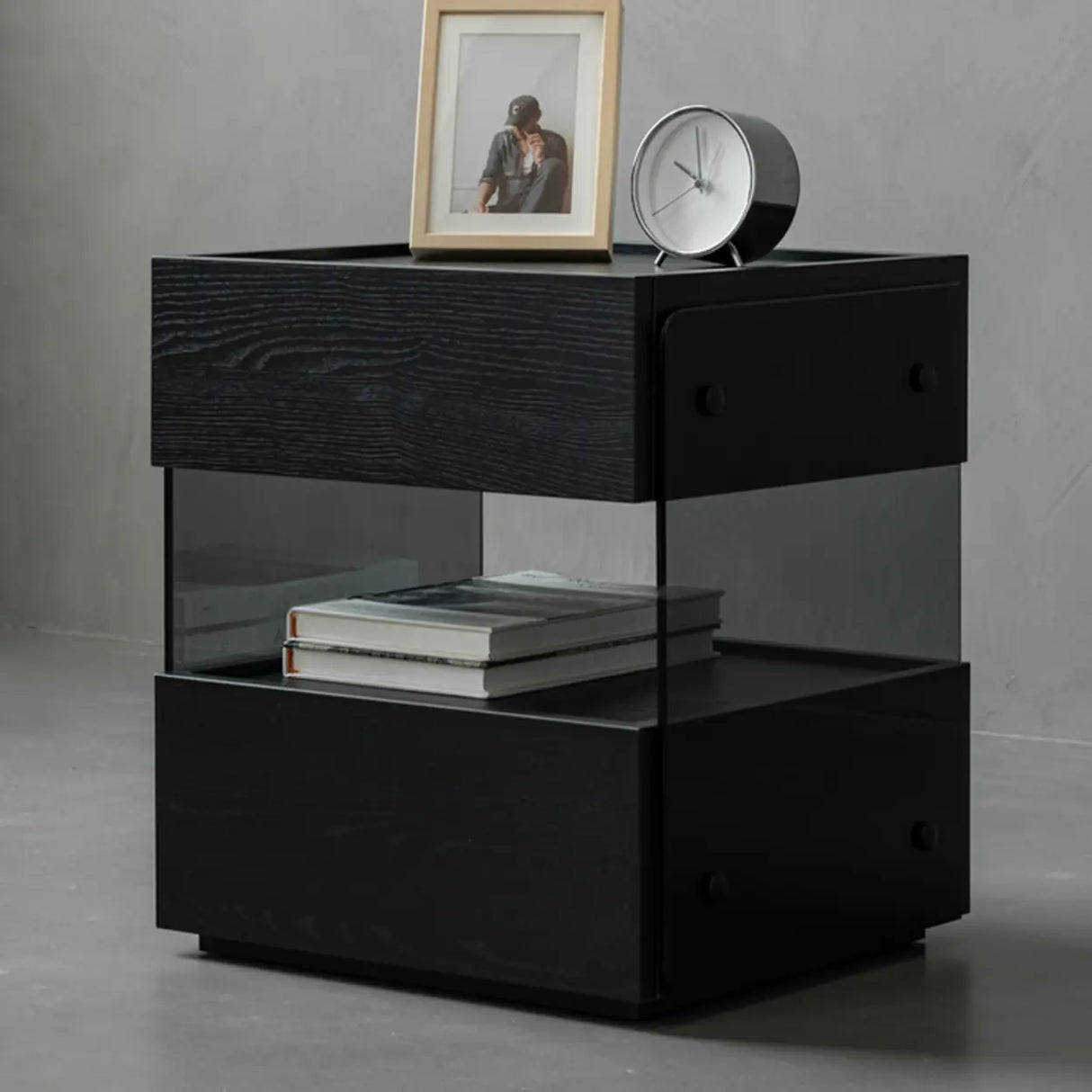 Modern Black Nightstand with Drawer and Clear Open Shelf Image - 6