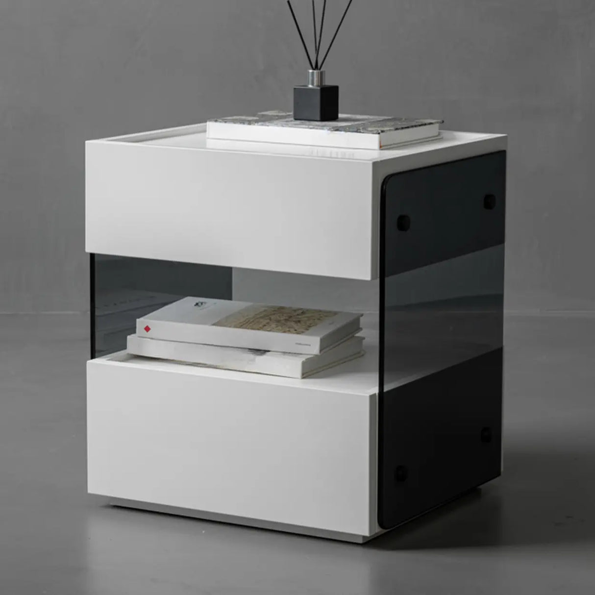 Modern Black Nightstand with Drawer and Clear Open Shelf Image - 8