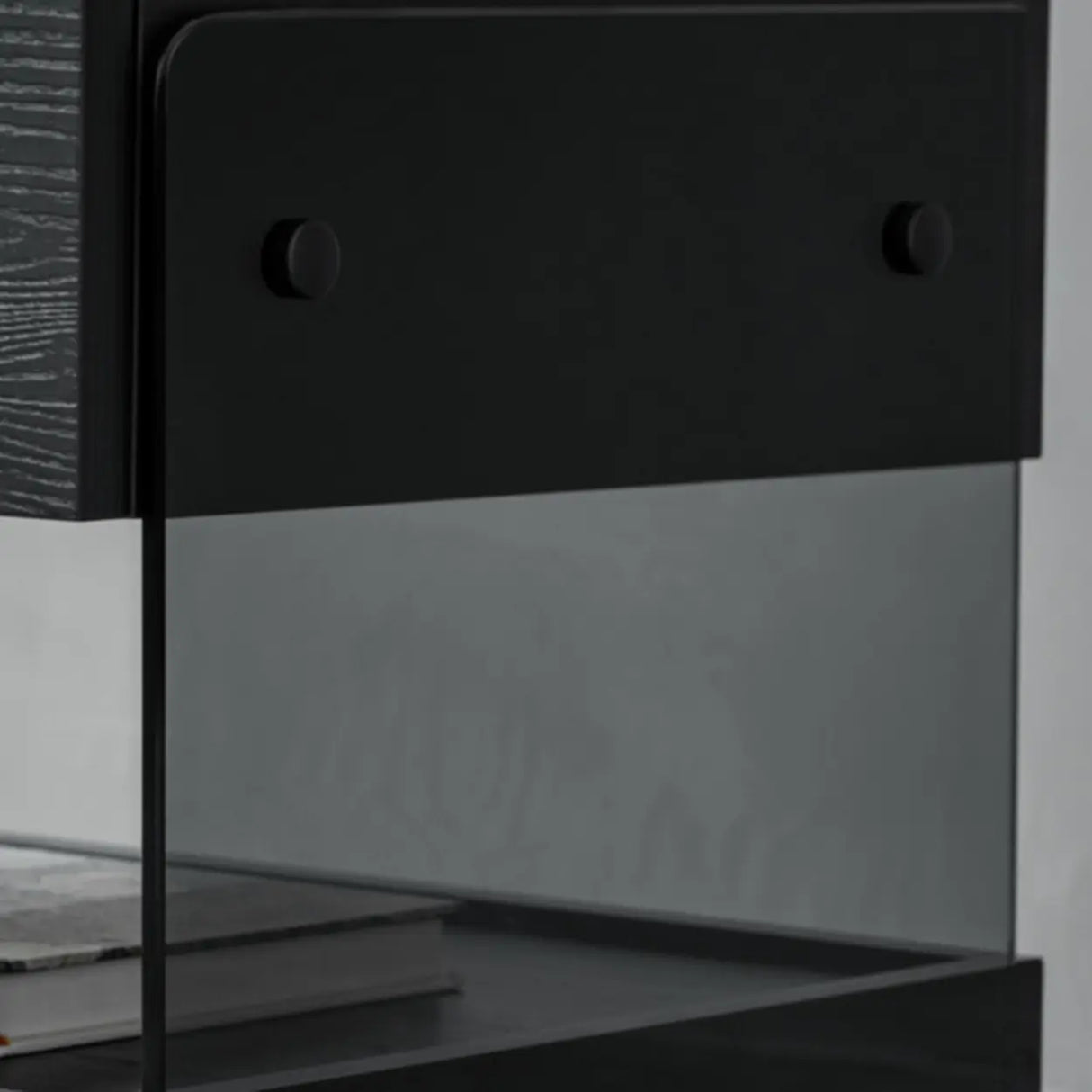 Modern Black Nightstand with Drawer and Clear Open Shelf Image - 9