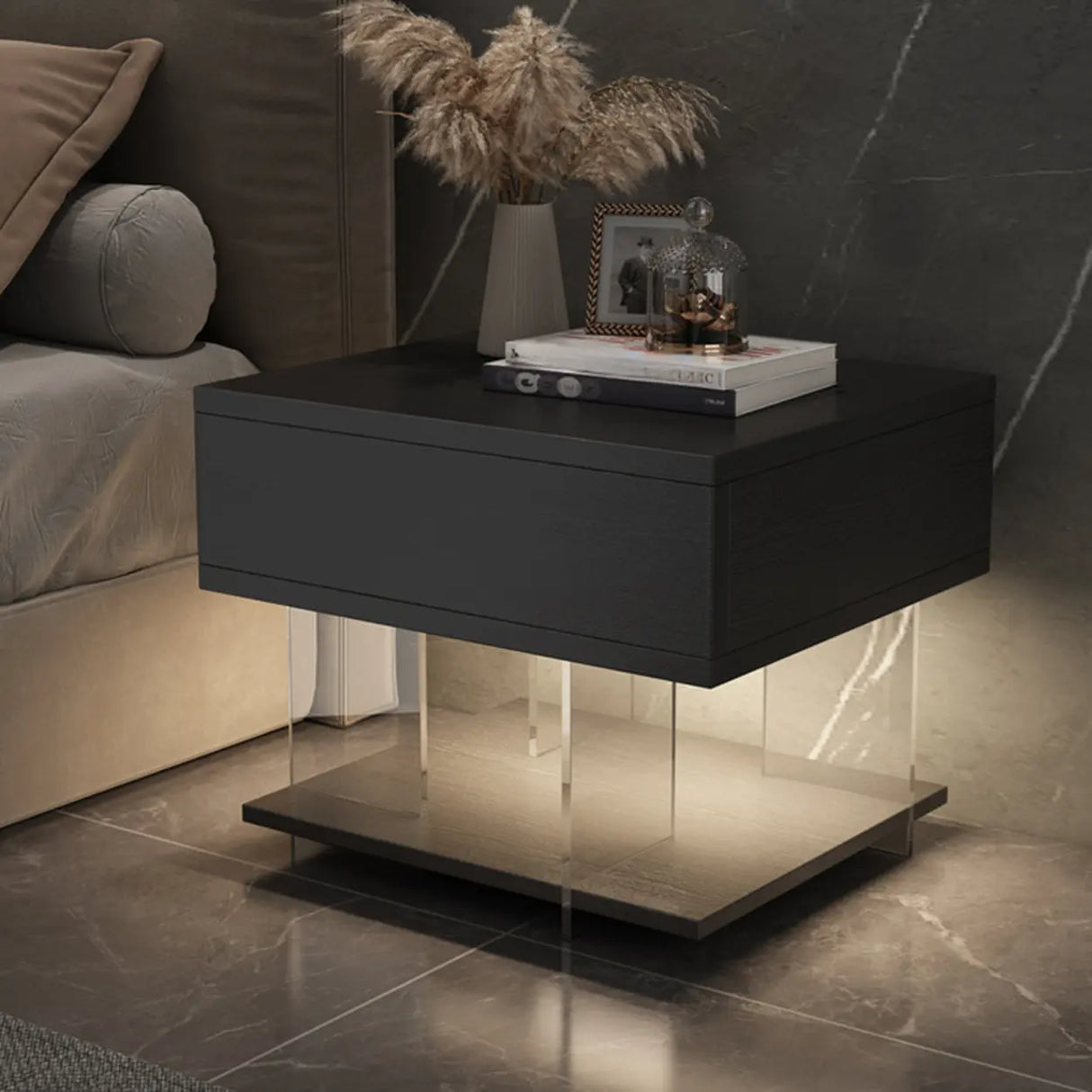 Modern Black Nightstand with LED Light and Acrylic Legs Image - 1