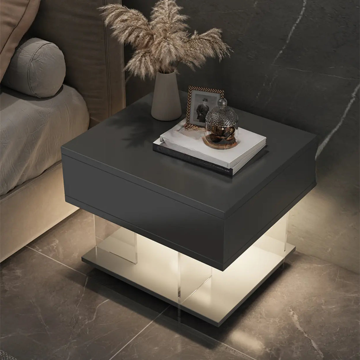 Modern Black Nightstand with LED Light and Acrylic Legs Image - 2