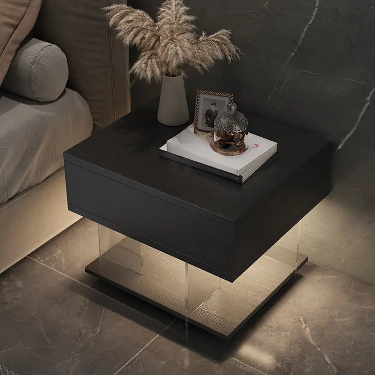 Modern Black Nightstand with LED Light and Acrylic Legs Image - 3