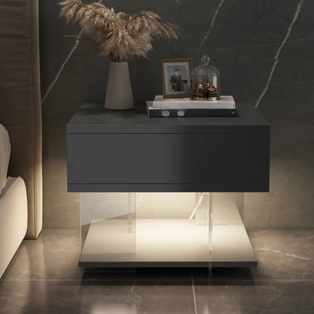 Modern Black Nightstand with LED Light and Acrylic Legs Image - 4