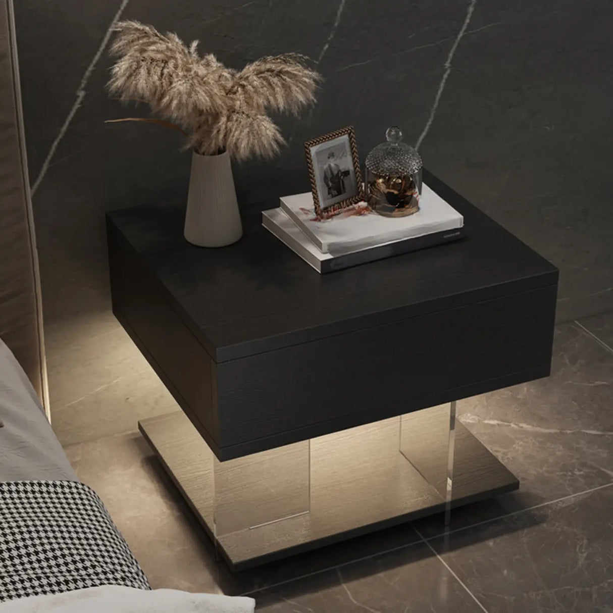 Modern Black Nightstand with LED Light and Acrylic Legs Image - 5