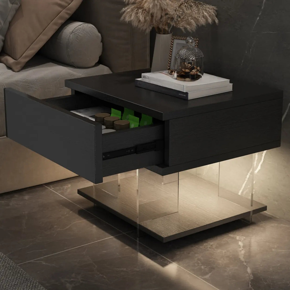 Modern Black Nightstand with LED Light and Acrylic Legs Image - 6