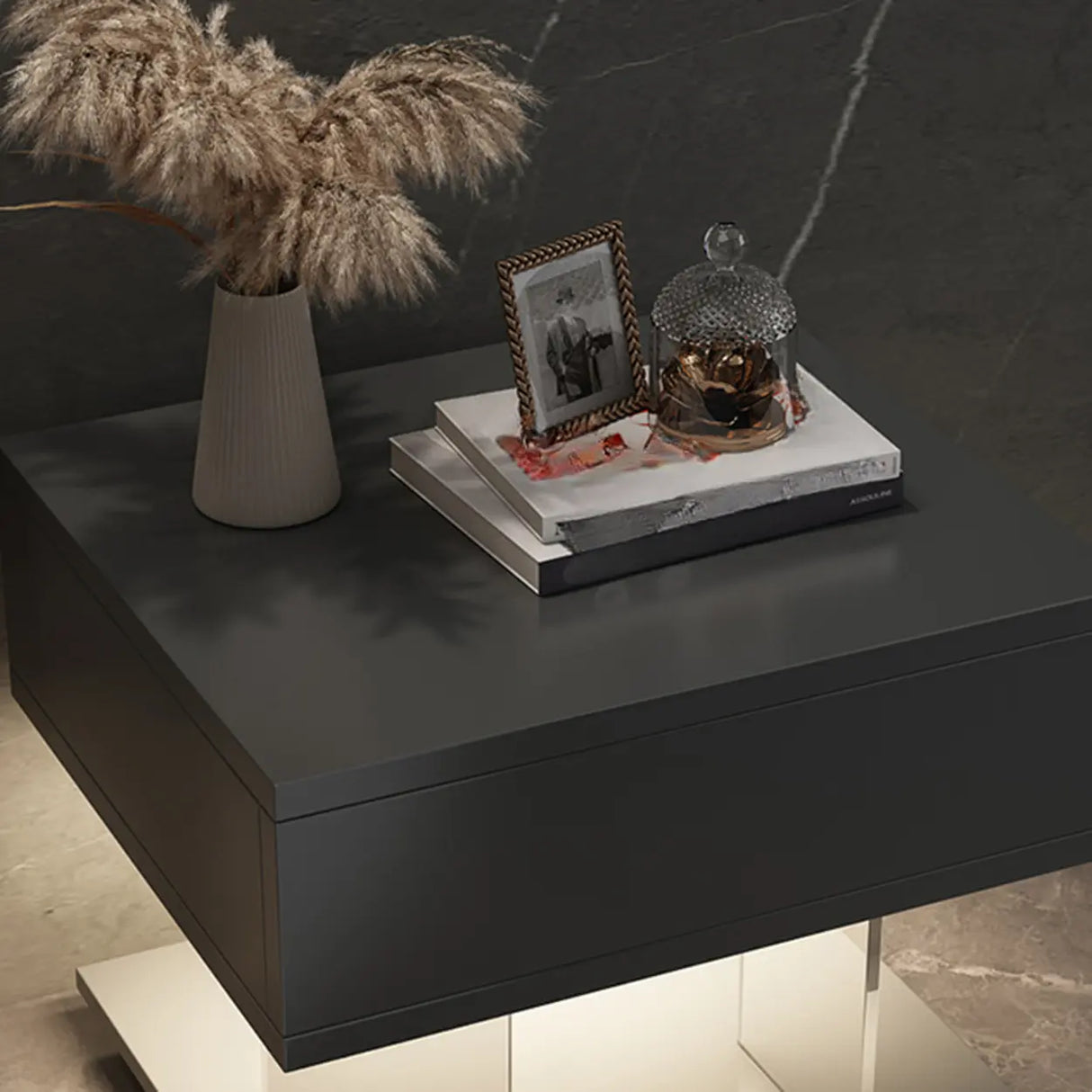 Modern Black Nightstand with LED Light and Acrylic Legs Image - 8