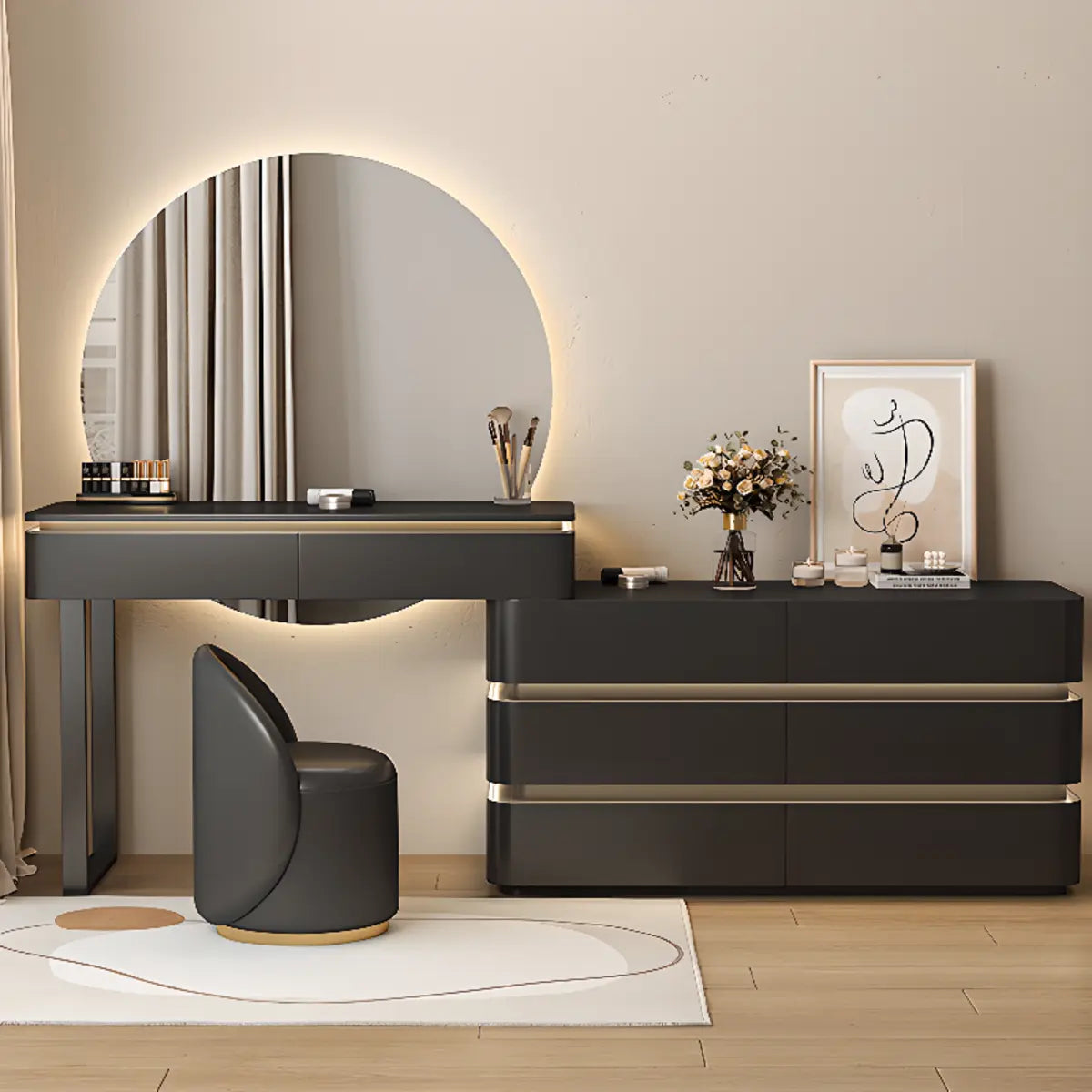 Modern Black Rectangular Wood Semicircle Mirror Makeup Vanity Image - 1