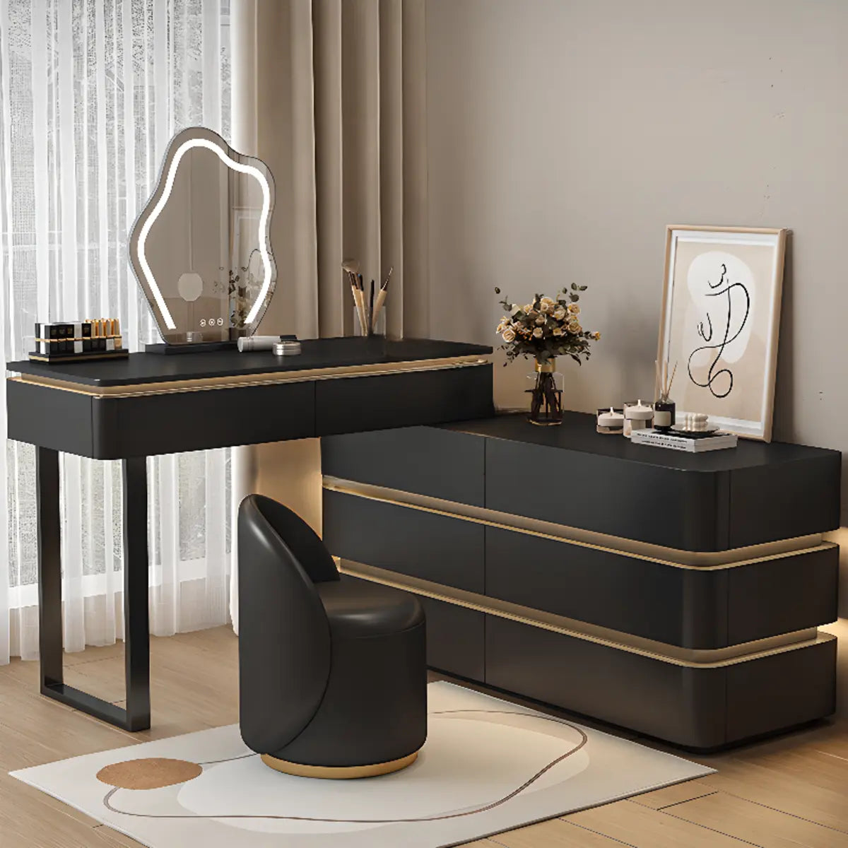 Modern Black Rectangular Wood Semicircle Mirror Makeup Vanity Image - 2