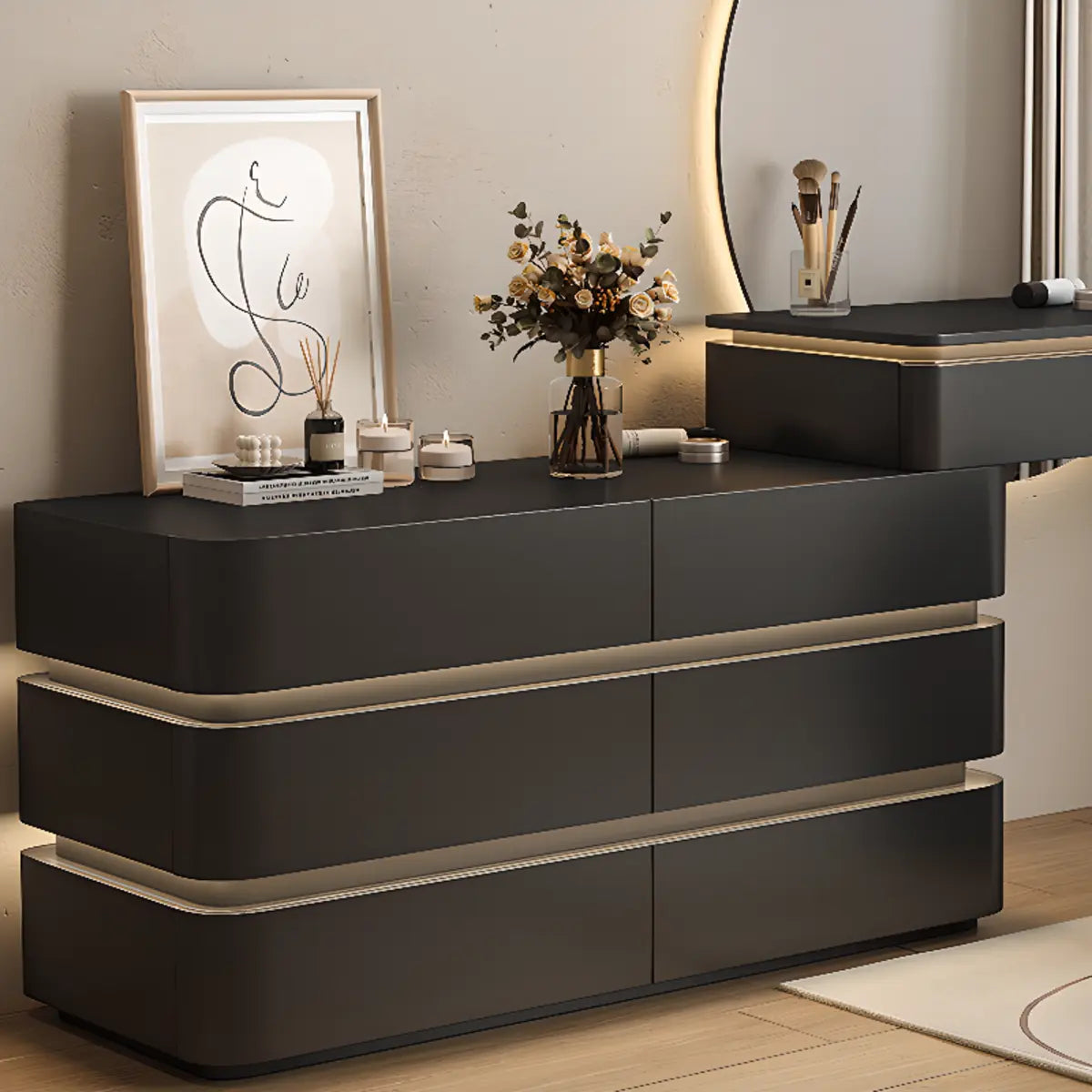 Modern Black Rectangular Wood Semicircle Mirror Makeup Vanity Image - 3