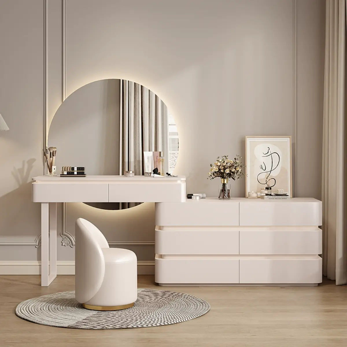 Modern Black Rectangular Wood Semicircle Mirror Makeup Vanity Image - 5