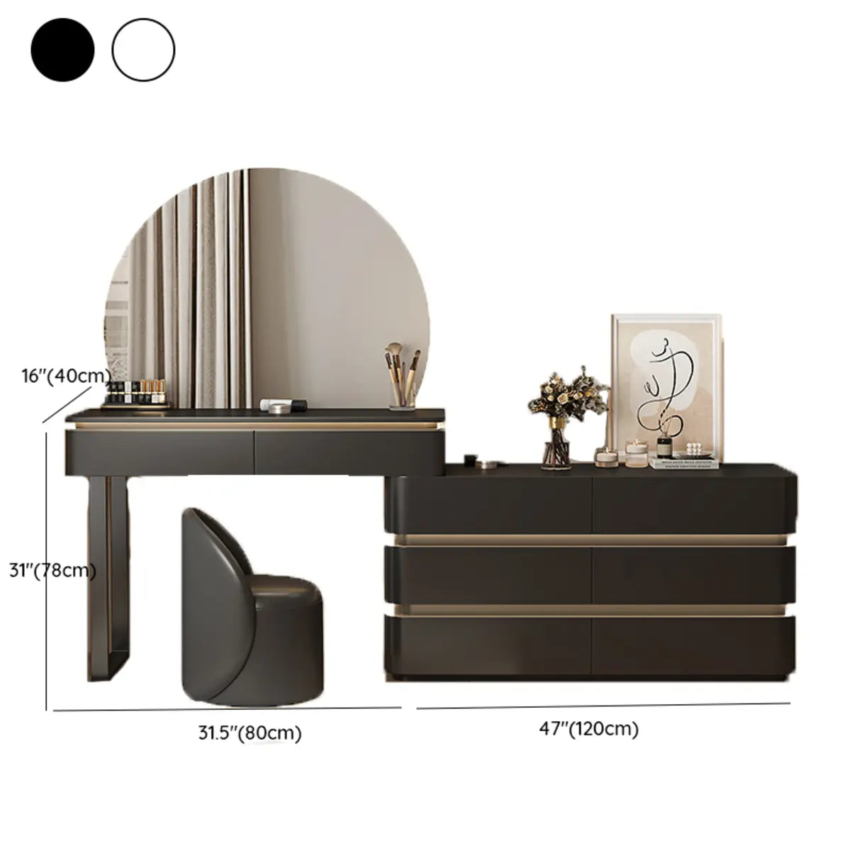 Modern Black Rectangular Wood Semicircle Mirror Makeup Vanity