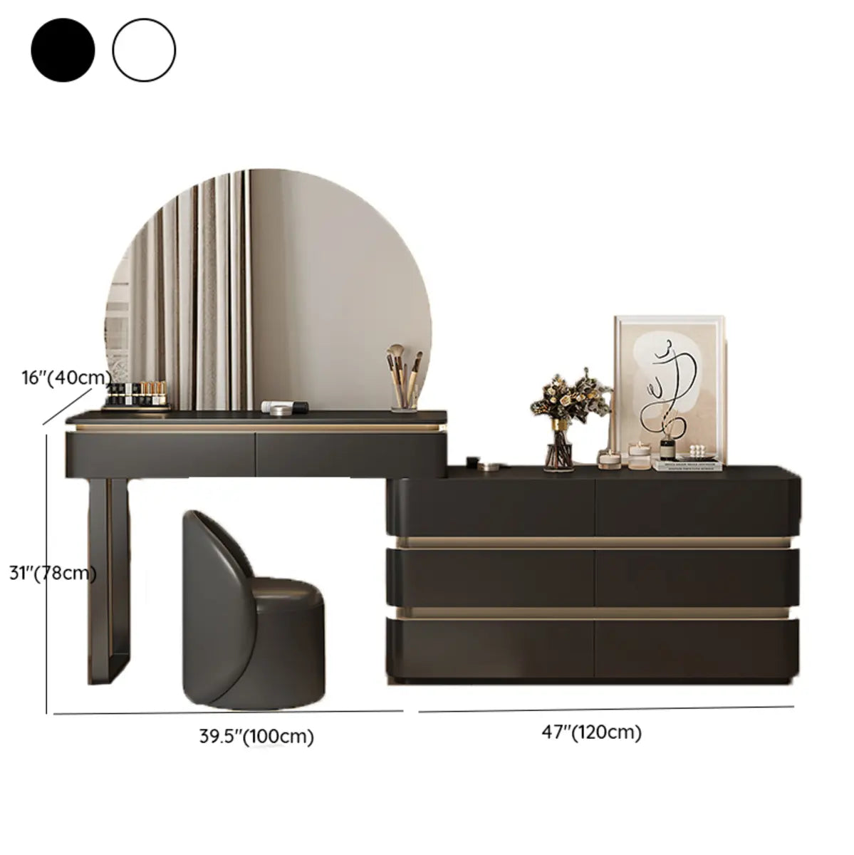 Modern Black Rectangular Wood Semicircle Mirror Makeup Vanity Image - 7