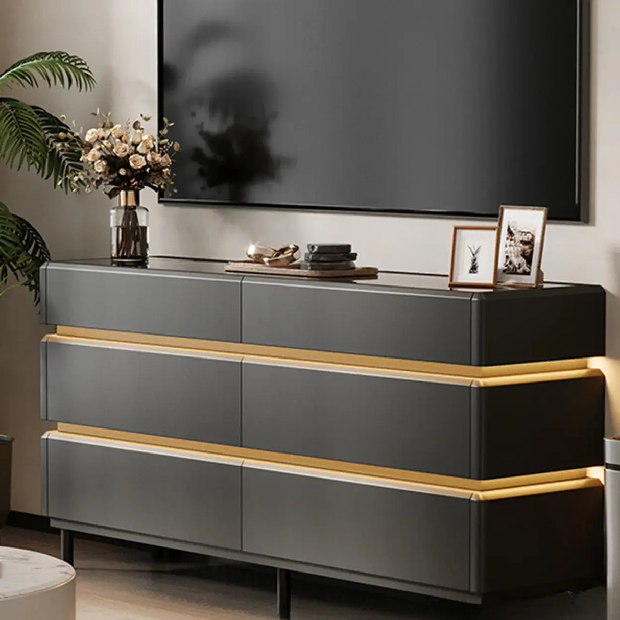 Modern Black TV Stand with LED Lighting and Drawers Image - 1