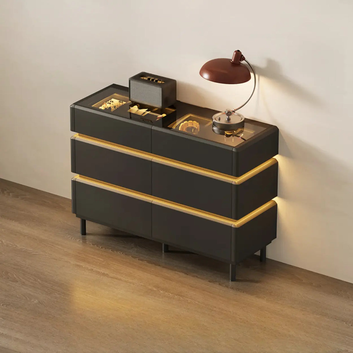 Modern Black TV Stand with LED Lighting and Drawers Image - 11