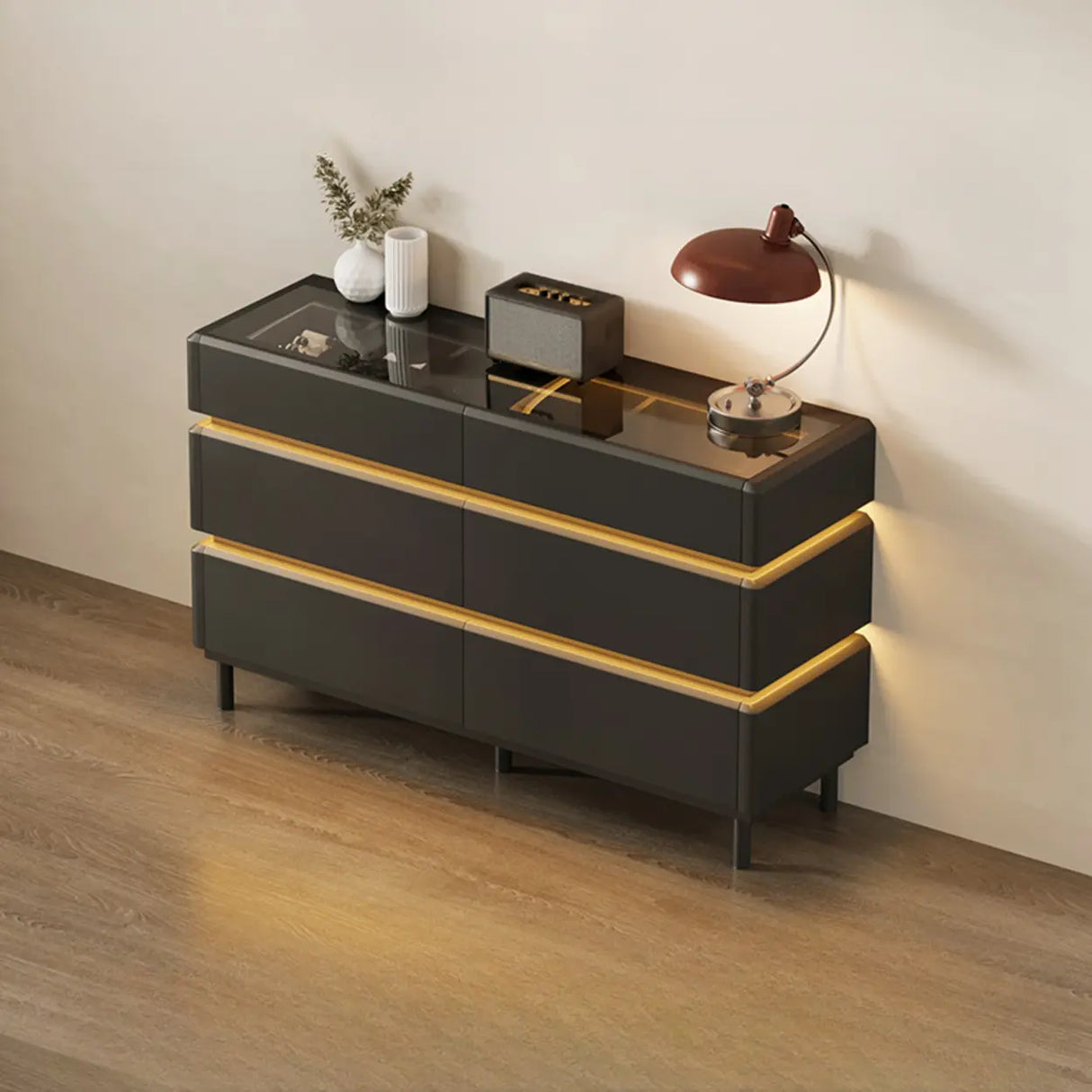 Modern Black TV Stand with LED Lighting and Drawers Image - 13