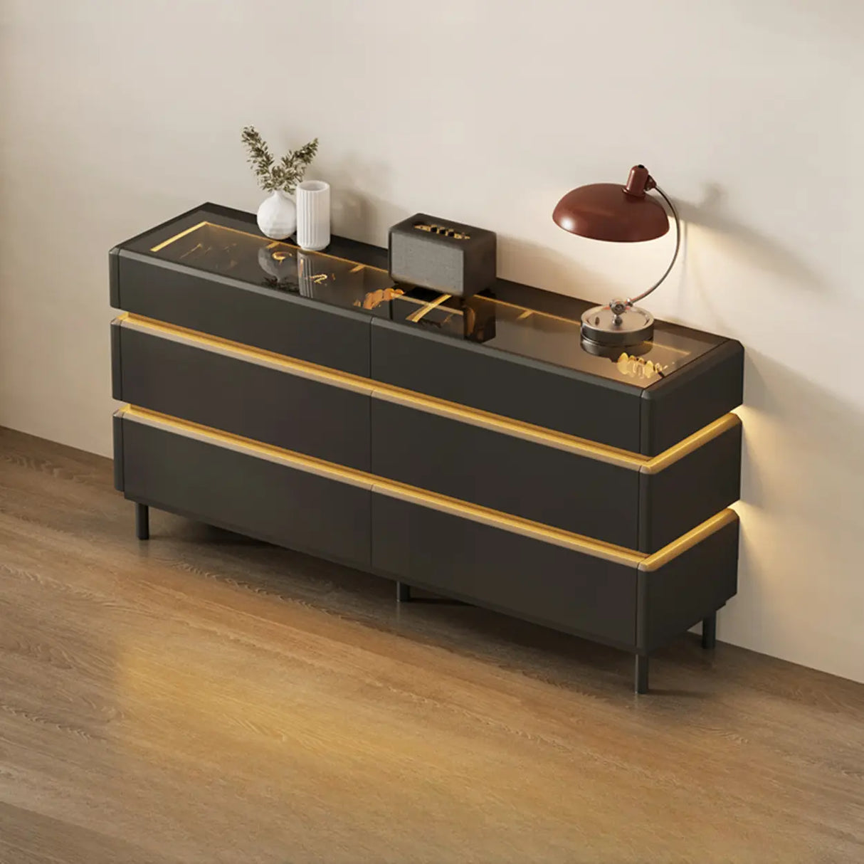 Modern Black TV Stand with LED Lighting and Drawers Image - 15