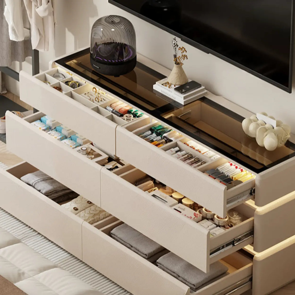 Modern Black TV Stand with LED Lighting and Drawers Image - 16