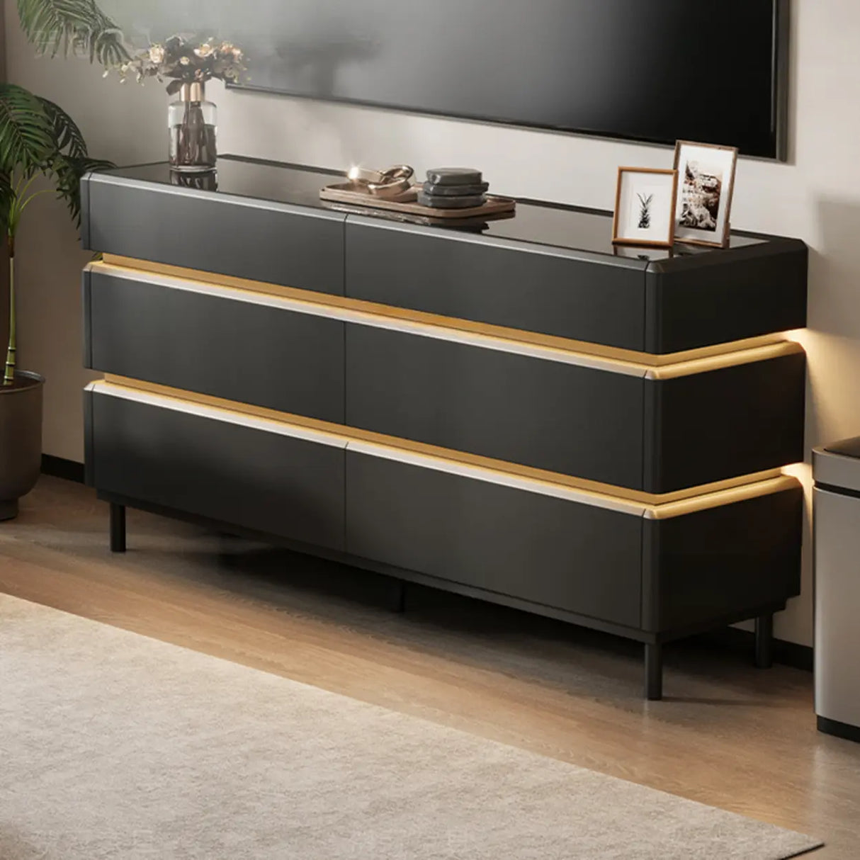 Modern Black TV Stand with LED Lighting and Drawers Image - 6
