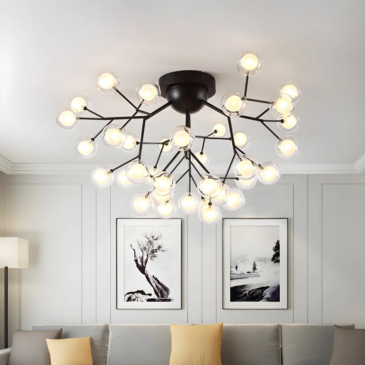 Modern Black Twig Firefly Glass Semi-Flush Mount Light Image - 16