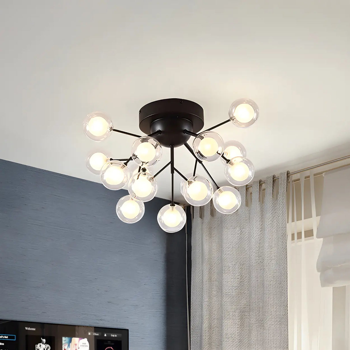 Modern Black Twig Firefly Glass Semi-Flush Mount Light Image - 4