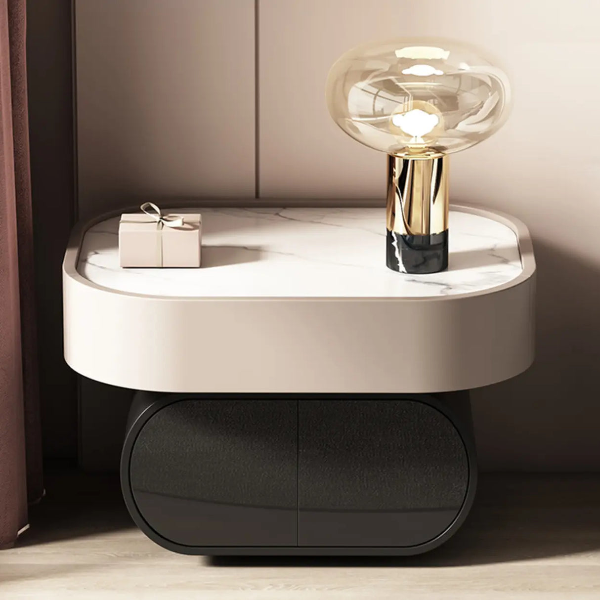 Modern Black White Marble-Top Nightstand with Drawers Image - 1