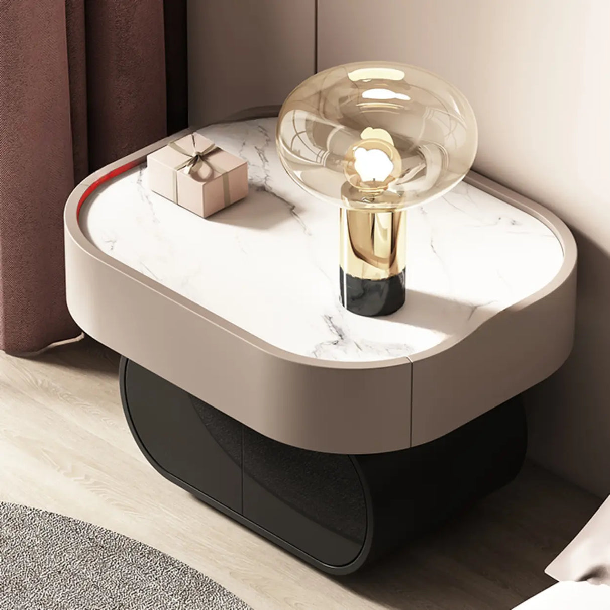 Modern Black White Marble-Top Nightstand with Drawers Image - 3