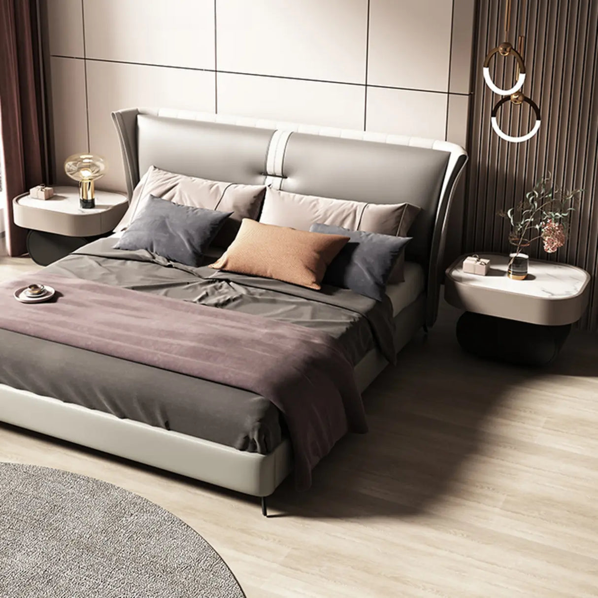 Modern Black White Marble-Top Nightstand with Drawers Image - 4