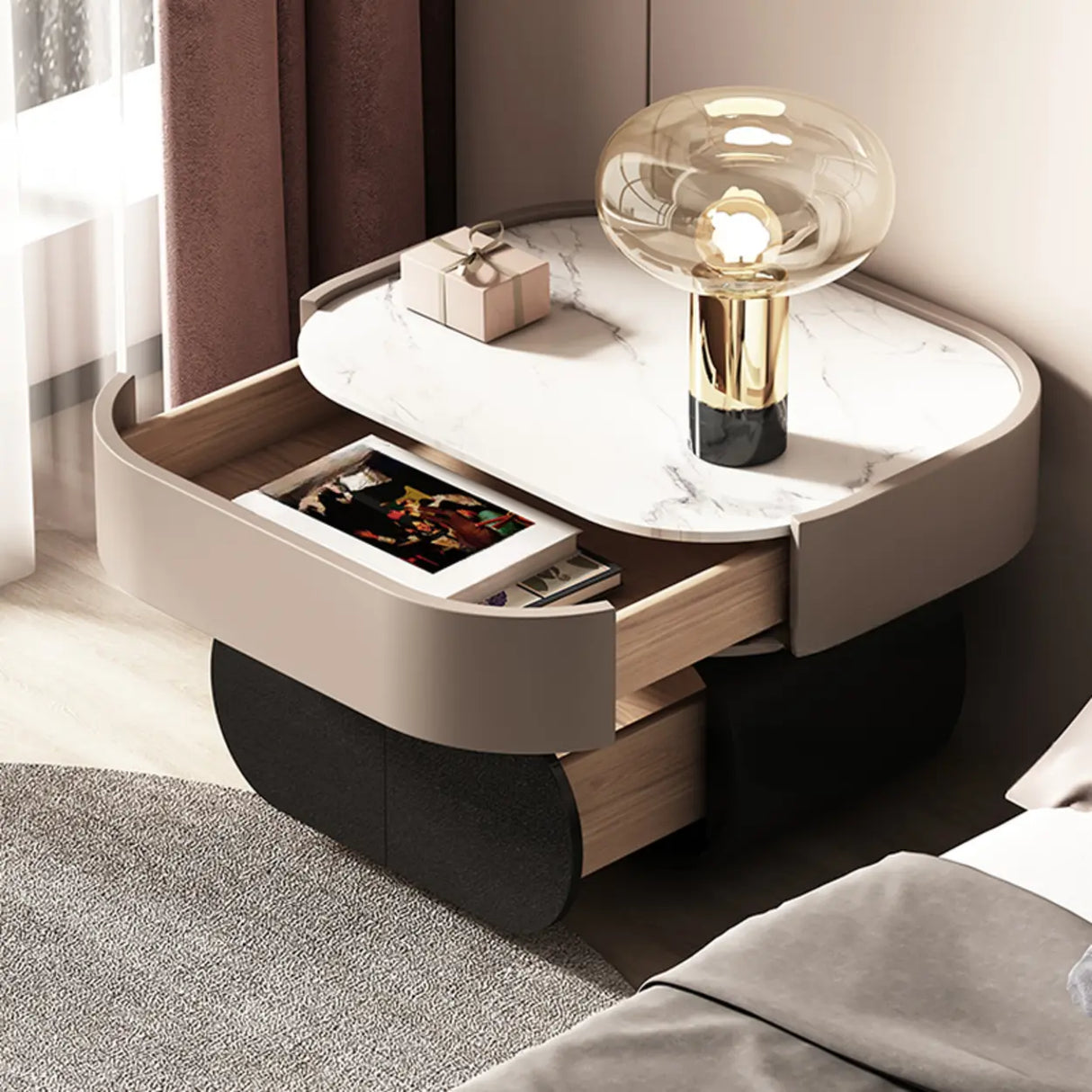 Modern Black White Marble-Top Nightstand with Drawers Image - 5