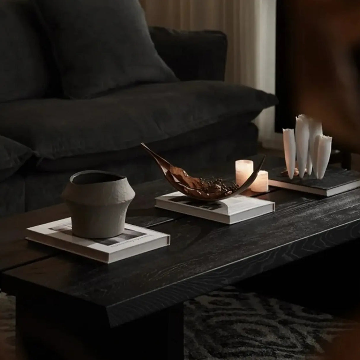 Modern Black Wooden Rectangular Sleigh Coffee Table Image - 4