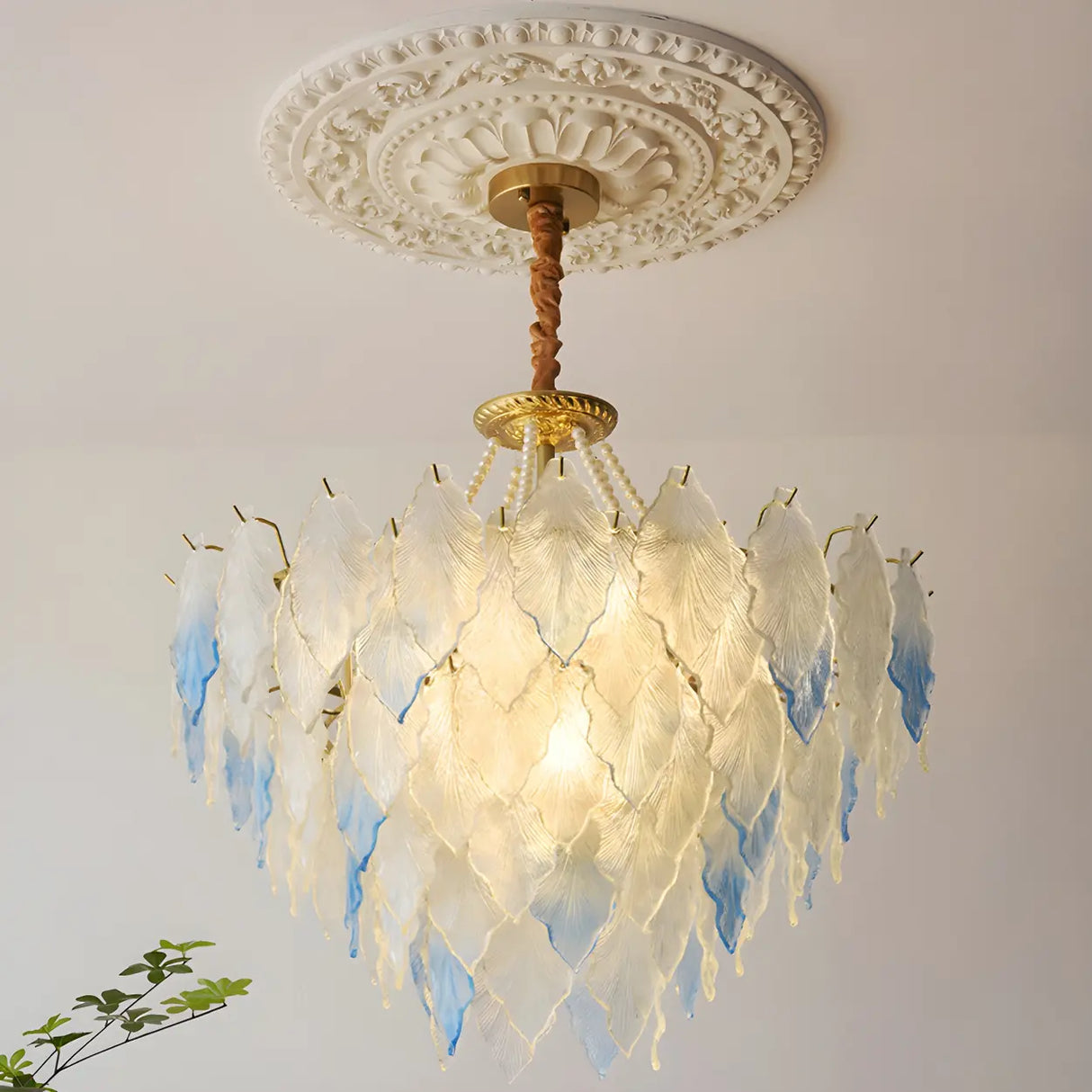 Modern Blue Leaf Glass Chandelier for Living Room Image - 1