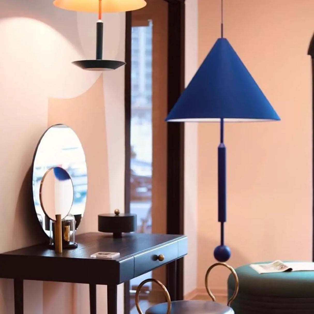 Modern Blue Metal Cone Geometric Bedroom Pendant Light Image - 3