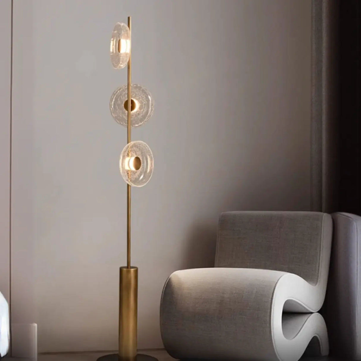 Modern Brass 3 Glass Round Disc Lights Foot Switch Floor Lamp Image - 5