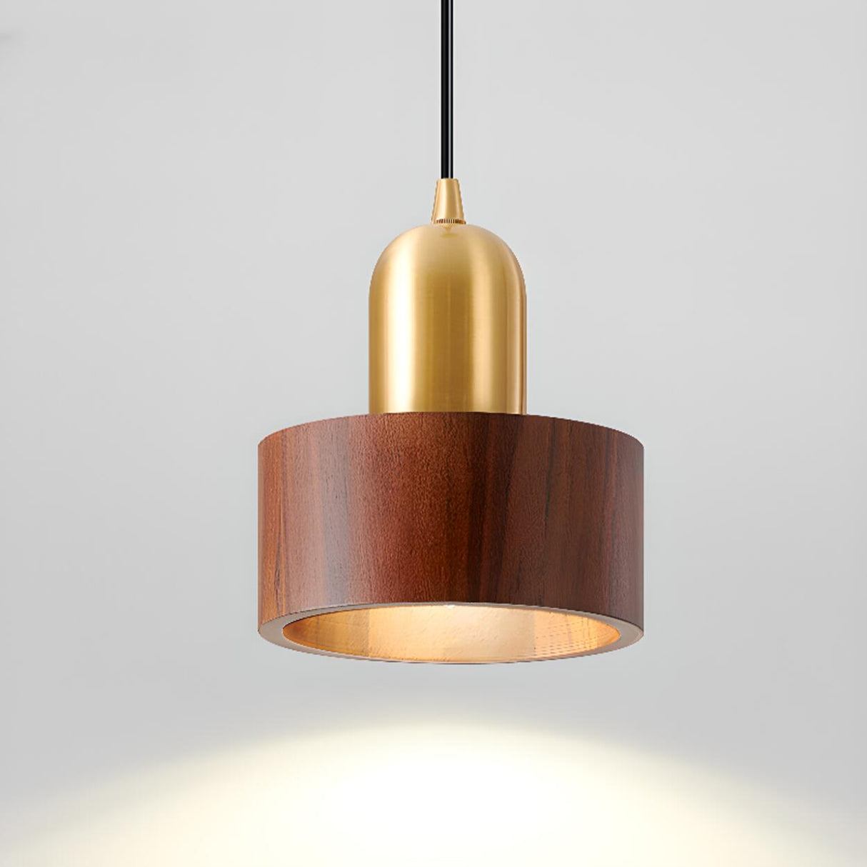 Modern Brass and Wood Cylindrical Pendant Light Image - 10