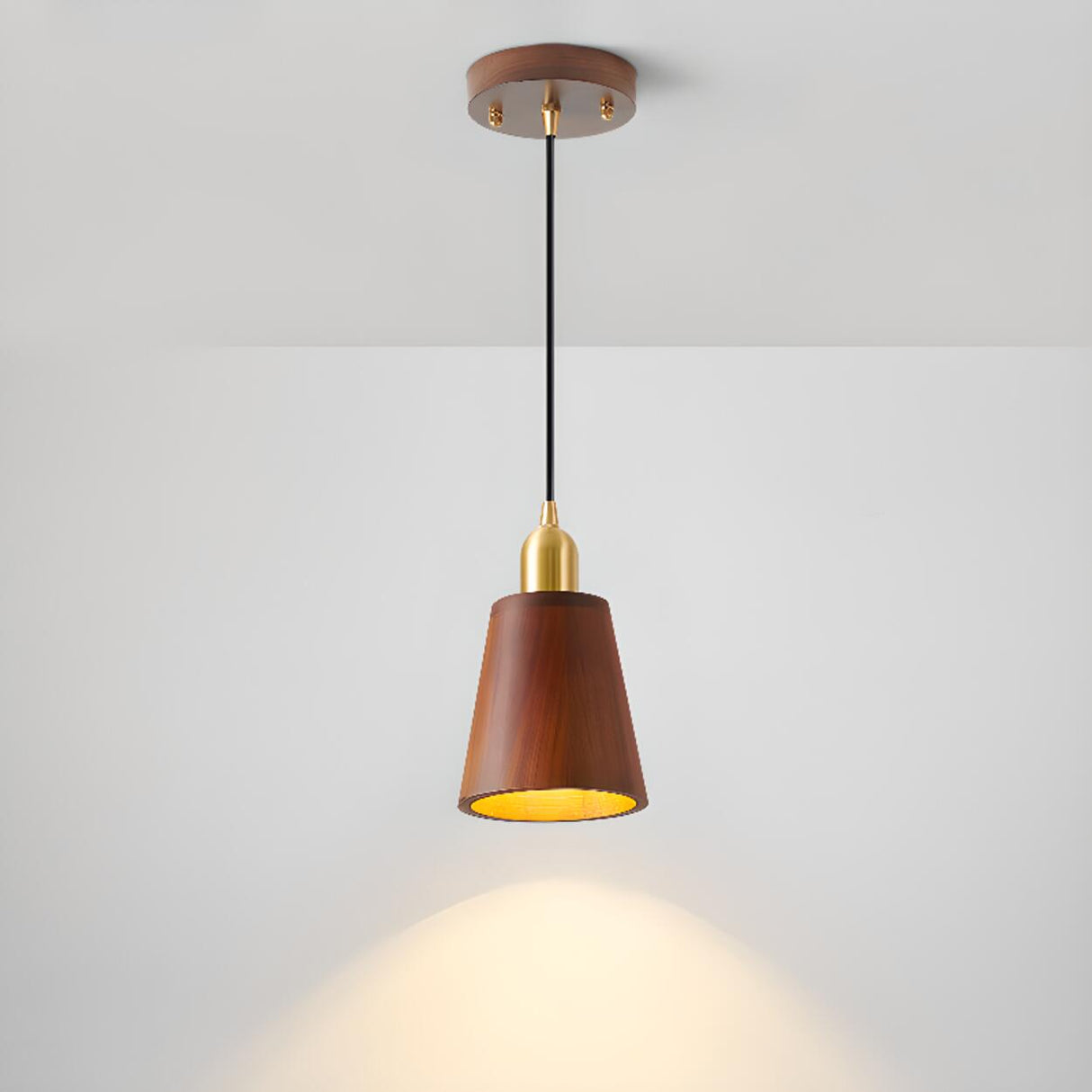Modern Brass and Wood Cylindrical Pendant Light Image - 3