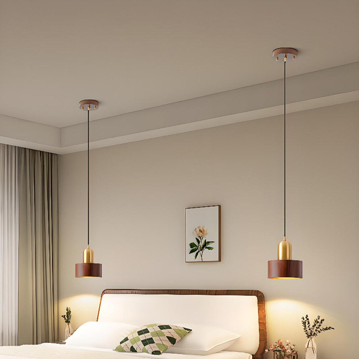 Modern Brass and Wood Cylindrical Pendant Light Image - 6