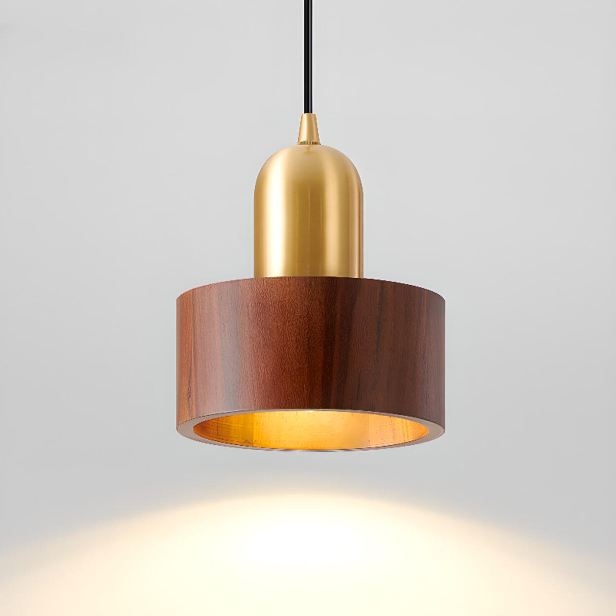 Modern Brass and Wood Cylindrical Pendant Light Image - 9