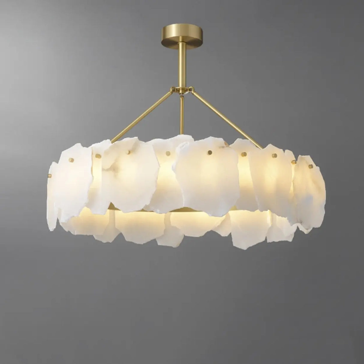 Modern Brass Downrod Circular White Alabaster Chandelier Image - 2
