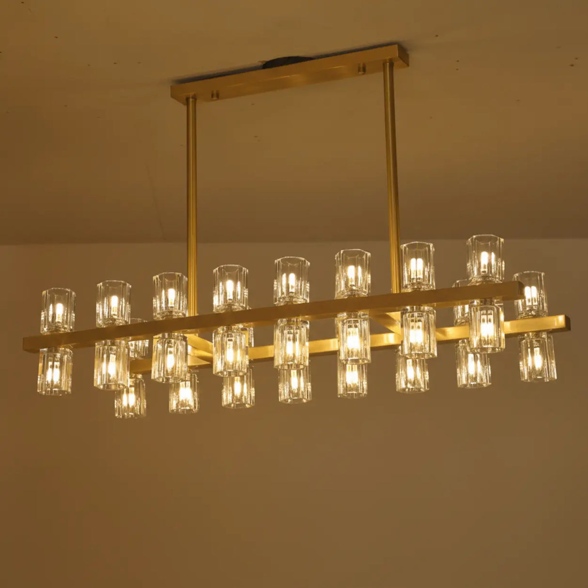Modern Brass Linear Multiple Clear Crystal Island Light Image - 9