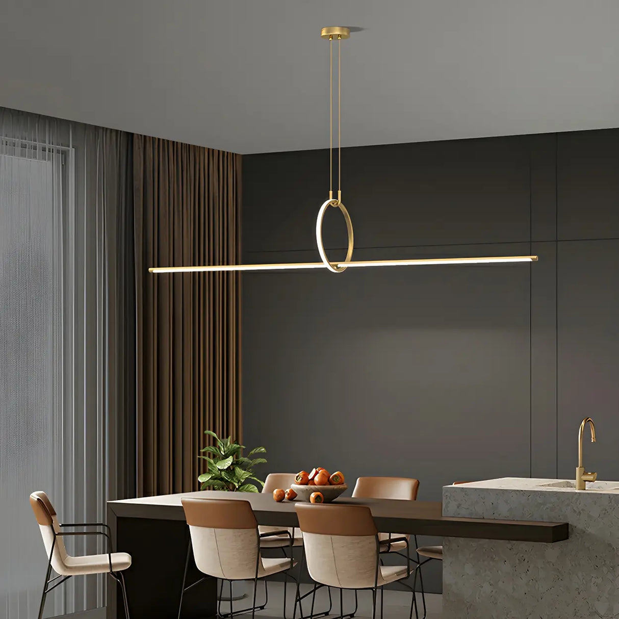 Modern Brass Ring and Linear Kitchen Island Light Image - 1