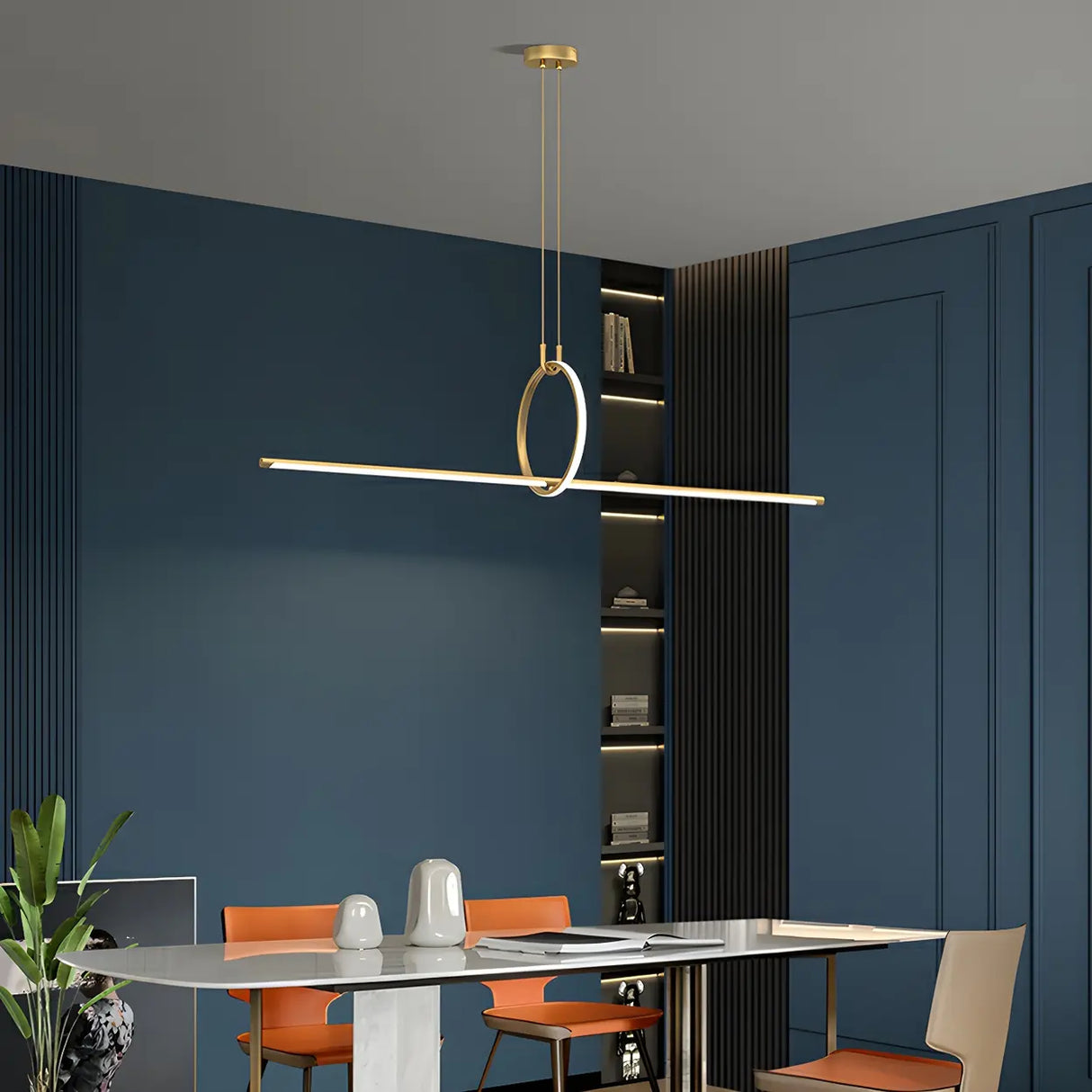 Modern Brass Ring and Linear Kitchen Island Light Image - 11